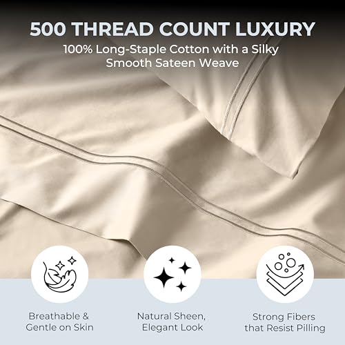 Queen Size Cotton Sateen Bed Sheet Set - 500 TC Cream Beige - 4 Pieces