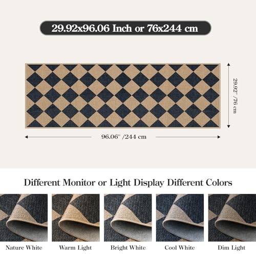 Lahome Checkered Easy Jute Non Slip Kitchen Runner, 2'6"x8' Washable