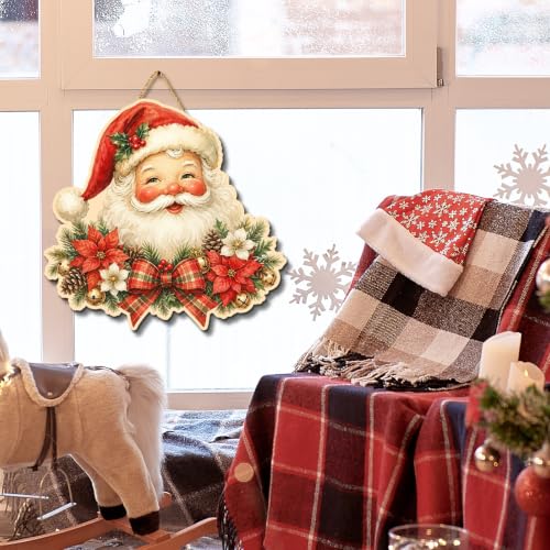 Christmas Santa Door Hanger Vintage Wooden Welcome Sign - Red