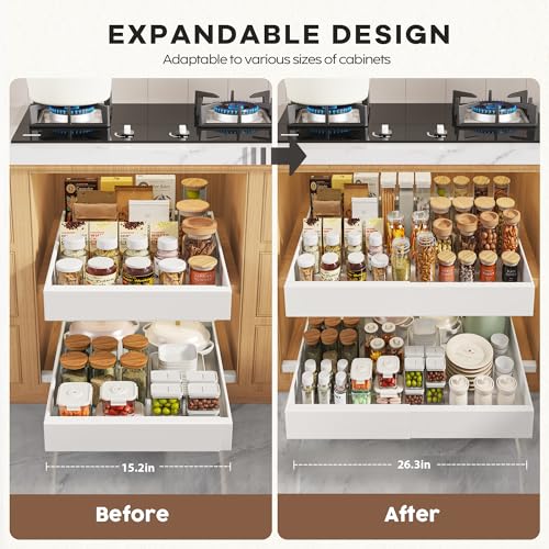 Seinloes White 2 Pack Pull Out Cabinet Organizers 15.2-26.3" Wide, 21" Deep with Adjustable Width & 3 Slide Rails