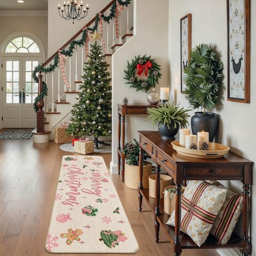 Pink Christmas Kitchen Rugs Set - Santa, Tree & Bow Holiday Floor Mats 17x27 & 17x47 inches