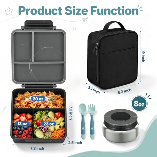 Kids Bento Lunch Box Set with 8oz Soup Thermo - Leak-Proof, 4-Compartment, Insulated Lunch Bag - Black