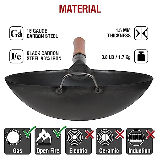 14-Inch Carbon Steel Wok Set with Spatula & Ladle - Pre-Seasoned, Heat-Resistant