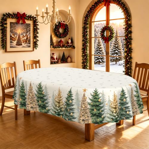 Christmas Oval Tablecloth 60x120 Inches Tree Snowflake Holiday Decor Xmas