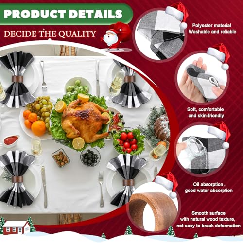 Preboun Black and White Cloth Napkins Set of 12 with Wooden Rings - 18x18 Inch Holiday Table Decor