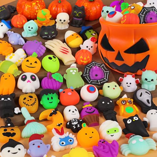 Halloween Mochi Squishy Toys with Pumpkin Bucket - 50Pcs Set for Kids & Party Favors