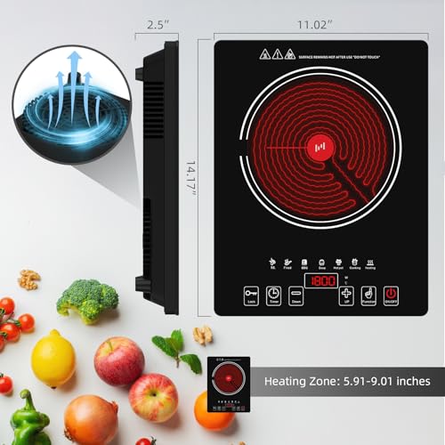GTKZW Black Portable 1800W Single Burner Electric Cooktop with LED Touch
