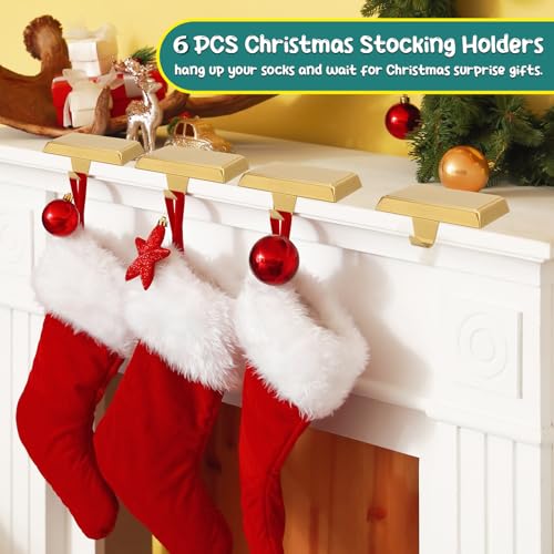SUNEZLGO 6-Pack Gold Christmas Stocking Holders for Mantle - Weighted Metal Hooks with Pad