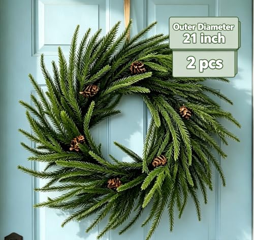 21-inch Norfolk Pine Wreath Christmas Front Door Decor - Real Touch & Pinecones