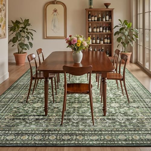 Green 8x10 Area Rug - Washable Non-Slip Vintage Floral Carpet for Living Room