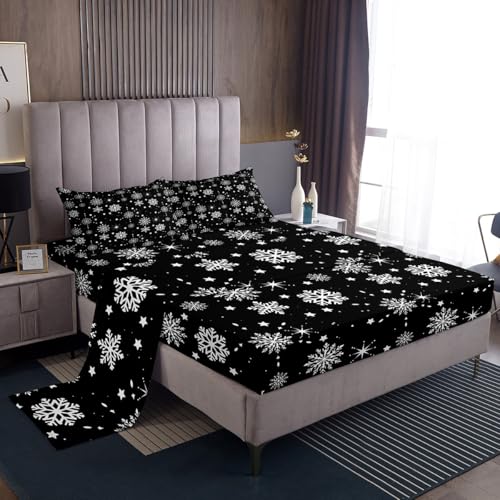 Erosebridal Christmas Bed Sheets Magical Snowflakes Sheet Set for Kids Girls Boys Black and White Bed Sheet Set Full Size Glitter Star Flat Sheet Deep Pocket Room Decor with 2 Pillow Cases, Black
