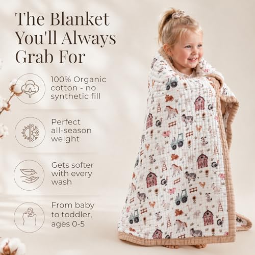 Organic Cotton Muslin Baby Blanket Farm Variation - Soft, Breathable Toddler Swaddle for Boys & Girls