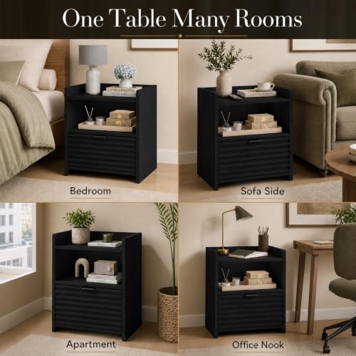 Black Oak Nightstand with Drawer - Modern End Table by Bon Augure