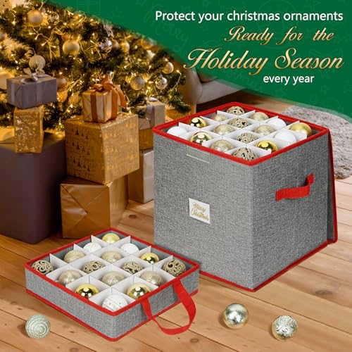 UHAPEER Christmas Ornament Storage Box Grey+Red Holds Up to 64 Balls