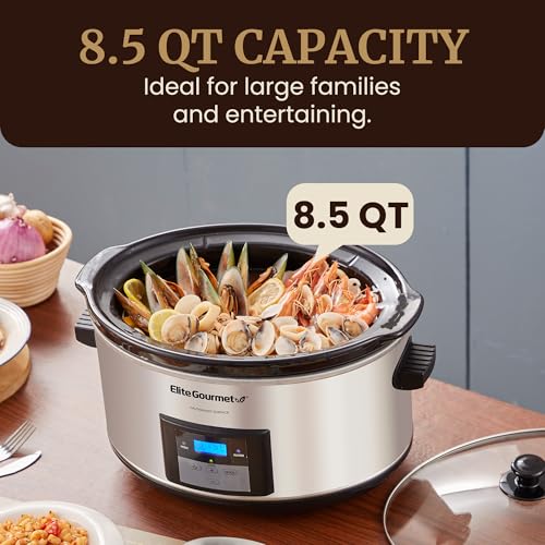 Elite Gourmet 8.5 Qt Digital Slow Cooker - Stainless Steel/Black Programmable