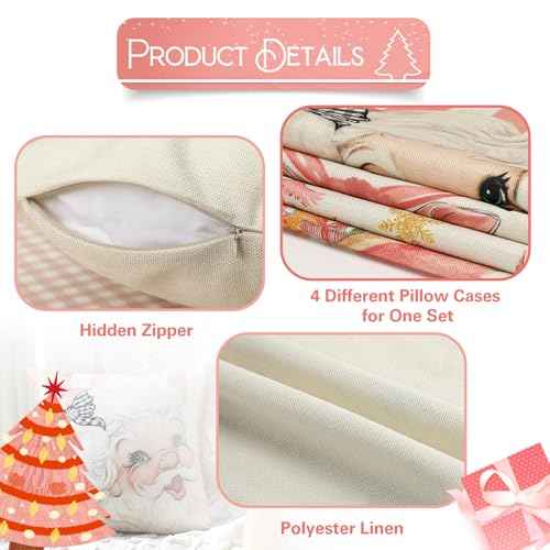 Christmas Pillow Covers, 18x18 Set of 4 Pink Xmas Pillow Covers Decor, Santa Snowflake Merry Christmas Tree Reindeer Joy Gift, Winter Pillowcase Decorative Throw Cushion Case for Sofa Caces