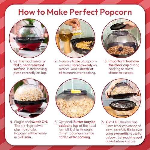Gadgy Popcorn Machine Red with Lid & Stirrer - Perfect for Parties & Movie Nights