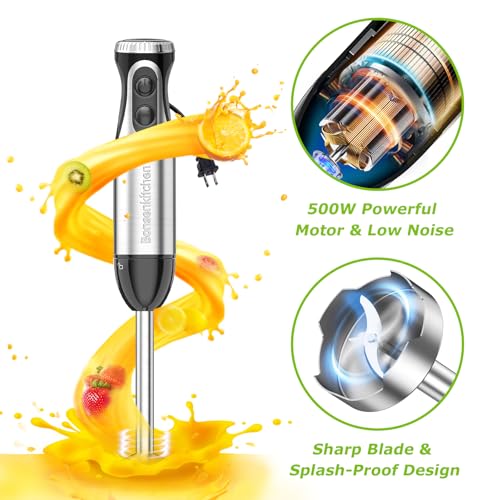 Bonsenkitchen 4-in-1 Immersion Blender with Food Processor & 3 Attachments - 20 Speeds & Turbo Mode