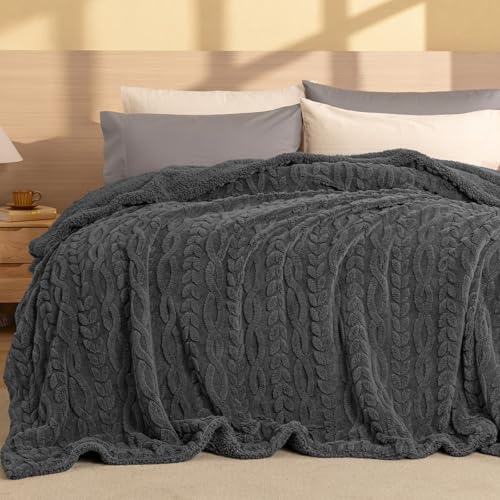 Queen Size Fluffy Sherpa Blanket Dark Grey 90x90 Winter Warm Soft 3D Jacquard
