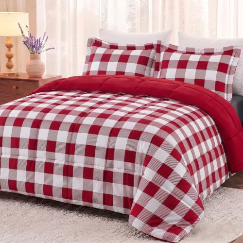 Downluxe Queen Reversible Plaid Comforter Set 3 Pieces - Red & White