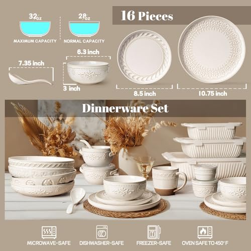 Artena 16-Piece Dinnerware Set with Embossed Patterns and Spoons - White, Multiple Patterns