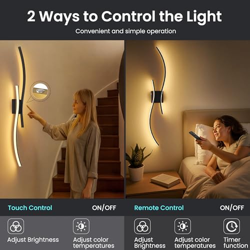 Battery Operated Wall Sconces Set of 2 - 31.5 Inch Black, Cordless, Dimmable, Remote Control