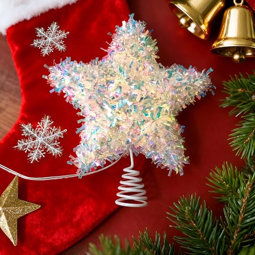 Iridescent Christmas Tree Topper Star - 6 Inch Shiny Holiday Decor with Timer & Warm Lights