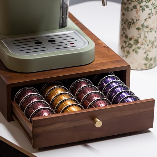 Acacia Wood Coffee Pod Drawer Organizer for Nespresso Vertuo - Holds 40 Large or 60 Small Pods