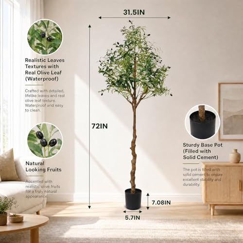 6ft Artificial Olive Tree with Pot - Faux Indoor Tree, Realistic Greenery, Easy Assembly, Perfect for Home & Office Decor (Soft Green / 1)