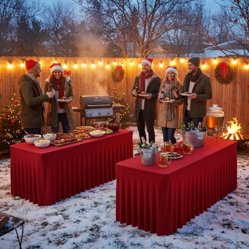 HolidayIdeas 2 Pack Red 4ft Spandex Tablecloths for Christmas Decor