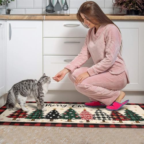 Ghroiep 2-Piece Christmas Kitchen Rugs Set Beige-Red 17x47 + 17x30 Non-Slip Microfiber
