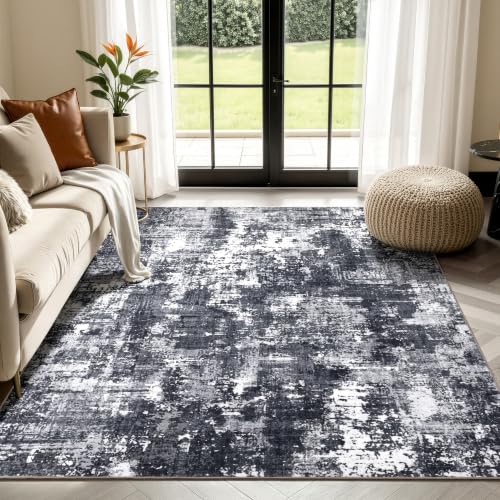 Black & White 6x9 Washable Modern Abstract Area Rug - Faux Cashmere, Non-Slip