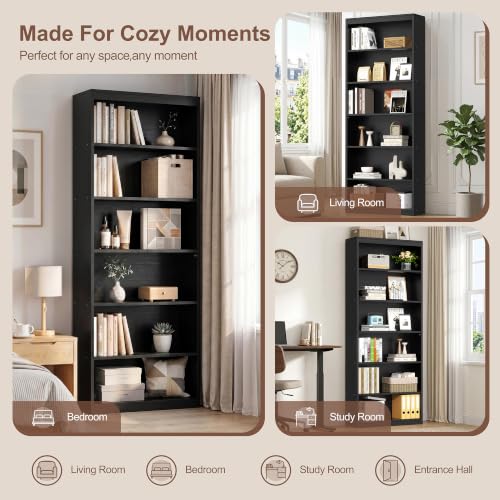 Vongrasig 71-Inch Tall Black Bookshelf - Modern Wooden Display Bookcase