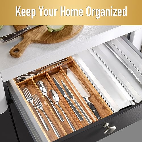 Silverware Organizer Tray - 5 Slots Acacia Wood Kitchen Drawer Storage - Flatware Holder