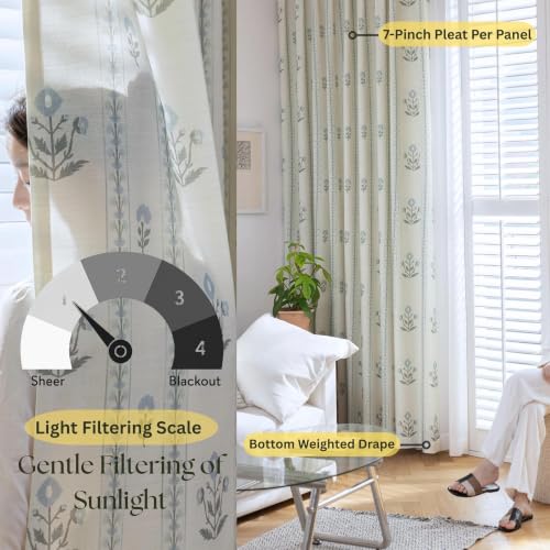 DrapePalette Antique White Floral Linen Curtains 30x96 Inch, Pack of 2 - Elegant Pinch Pleated Drapes for Living & Bedroom