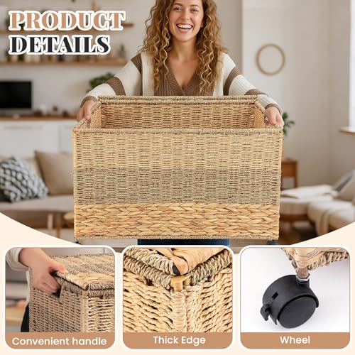 Large Tricolor Wicker Storage Trunk Basket with Wheels - 42.3 Gallon / 160L