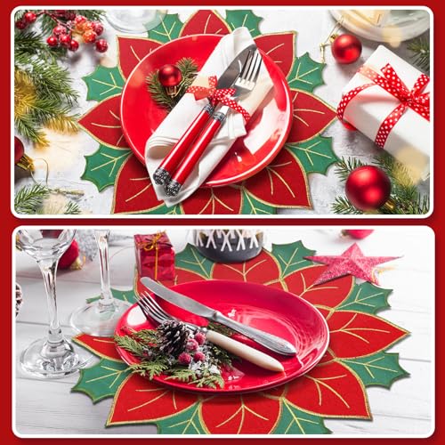 Ganeen 12 Pcs Christmas Poinsettia Placemats Set Embroidered Red