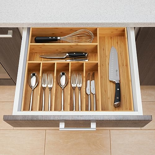 Umilife Large 19x19 Inch Bamboo Kitchen Drawer Organizer - 8 Slots, Sturdy Flatware Tray with Thick Frames