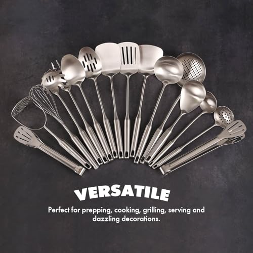 Stainless Steel Cooking Spoons Set 16 Pieces - All Metal Utensils, Includes Tongs & Ladles