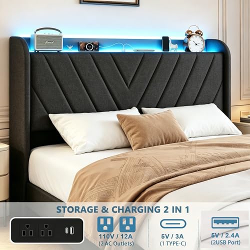 Queen Bed Frame with LED Lights & Charging Station, Upholstered Wingback Headboard, Noise-Free Metal Platform Bed