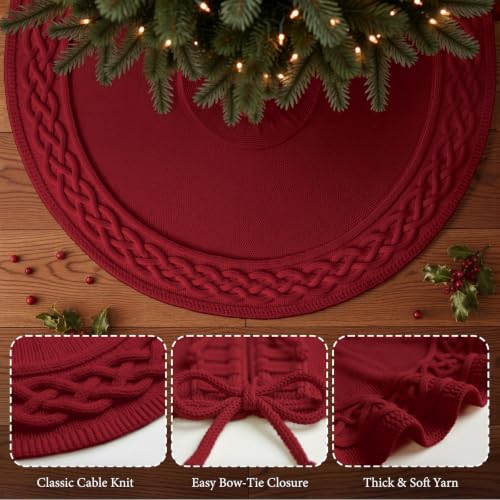 VOXOR Burgundy 60 Inch Knitted Christmas Tree Skirt with Bow Closure - Large Farmhouse Holiday Decor for 9-10 Feet Trees