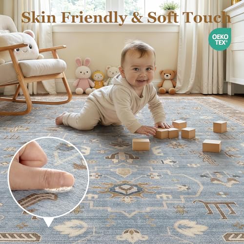 Blue and Brown 8x10 Washable Vintage Area Rug - Pet Safe, Non-Slip, Easy-Care