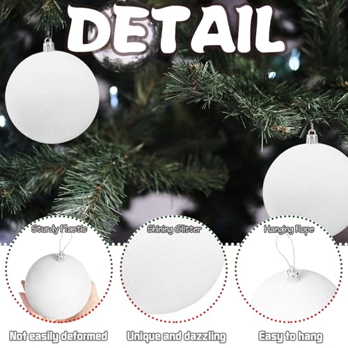 Large 4 in White Glitter Christmas Ornament Balls(4 Pcs),Xmas Sequin Christmas Ball,White Sparkly Hanging Ball Ornament for Tree Home Wedding Party Decor,Winter Theme Tree Decoration