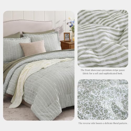 BLOOMHAVEN Queen Comforter Set - Reversible Green Plaid Floral Bedding 7 Pieces - Green Tea Variation