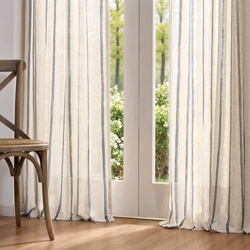 Blue Linen Blend Light Filtering Striped Curtains 96 Inches Long - Pack of 2
