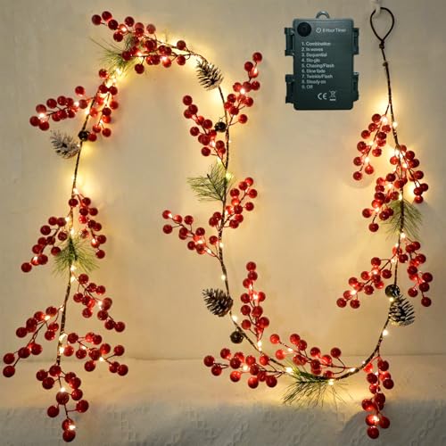 HamiFinee Red Christmas Berry Garland with Lights 6.56FT Indoor Outdoor Decor