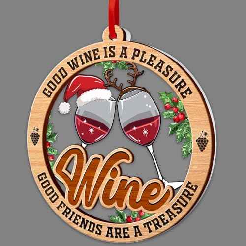 Wine Christmas Ornaments, Wine Ornaments for Christmas Tree, Wine 2 Layer Wood & Acrylic Ornament, Wine Christmas Decoration 2024 for Wine Lovers, Wine Decor, Friendship Wine Ornament