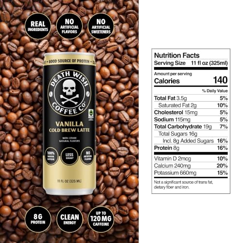 Death Wish Coffee Vanilla Cold Brew Latte 12 Pack - Fair Trade Colombian Coffee, Ready-to-Drink