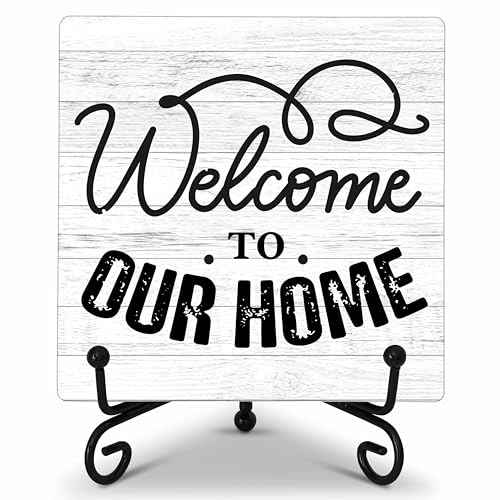 Welcome Home Sign, Farmhouse Wooden Plaque with Iron Stand for Desk Shelf Decor - A16