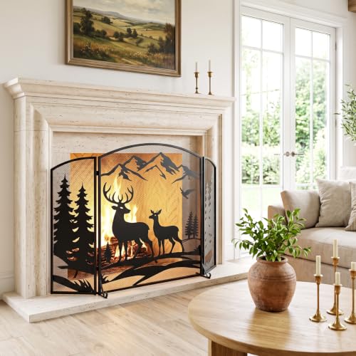 BEAMNOVA Fireplace Screen Black 50 x 32 in Deer Trees Pattern, 3-Panel